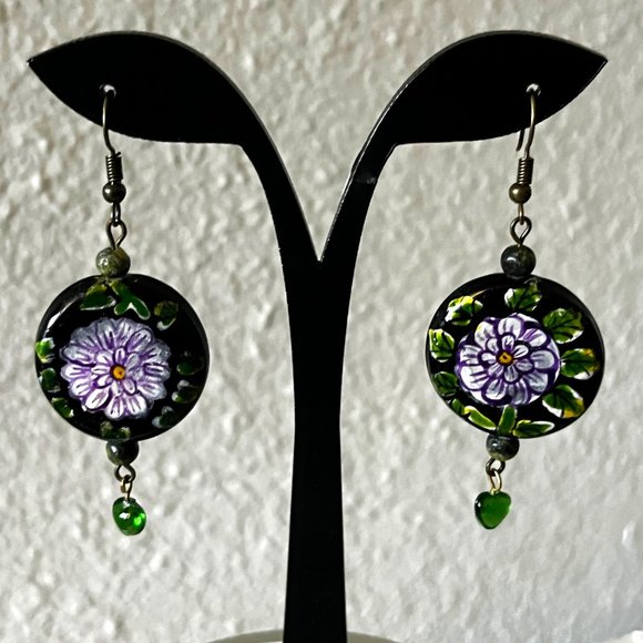 Purple Flowers, Green Leaves, Hearts & Brass Fishhook Ear Wires Dangle Earrings - Picture 4 of 4